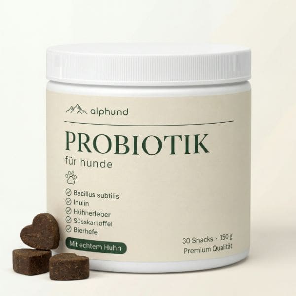 Alphund Daily Chew Probiotik-Dose mit weissem Deckel und cremefarbenem Etikett